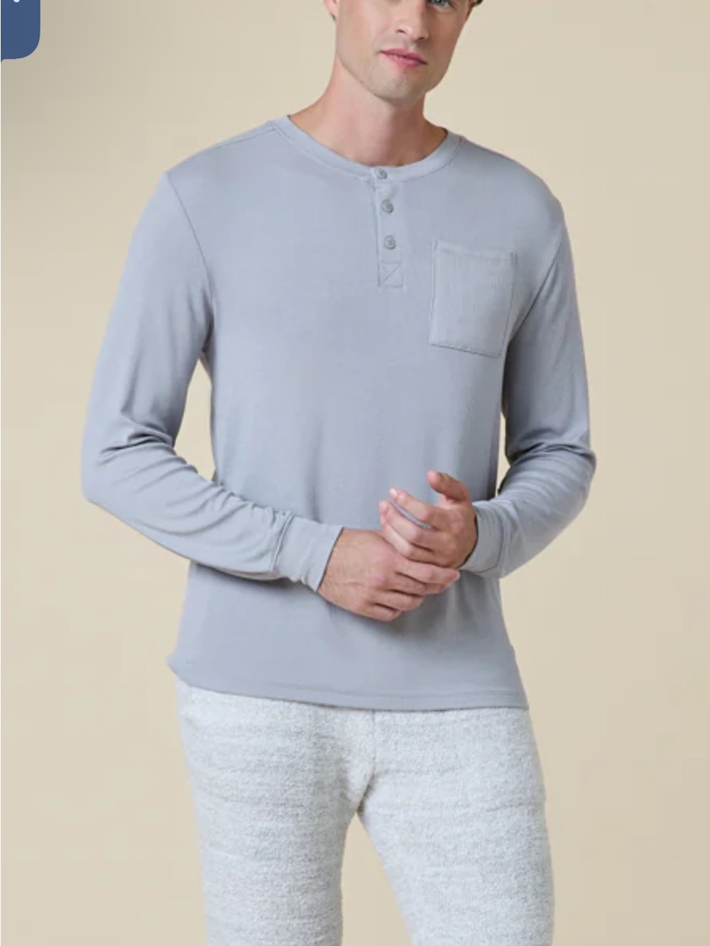 Men's Light Gray Henley Long-Sleeve Pocket Tee